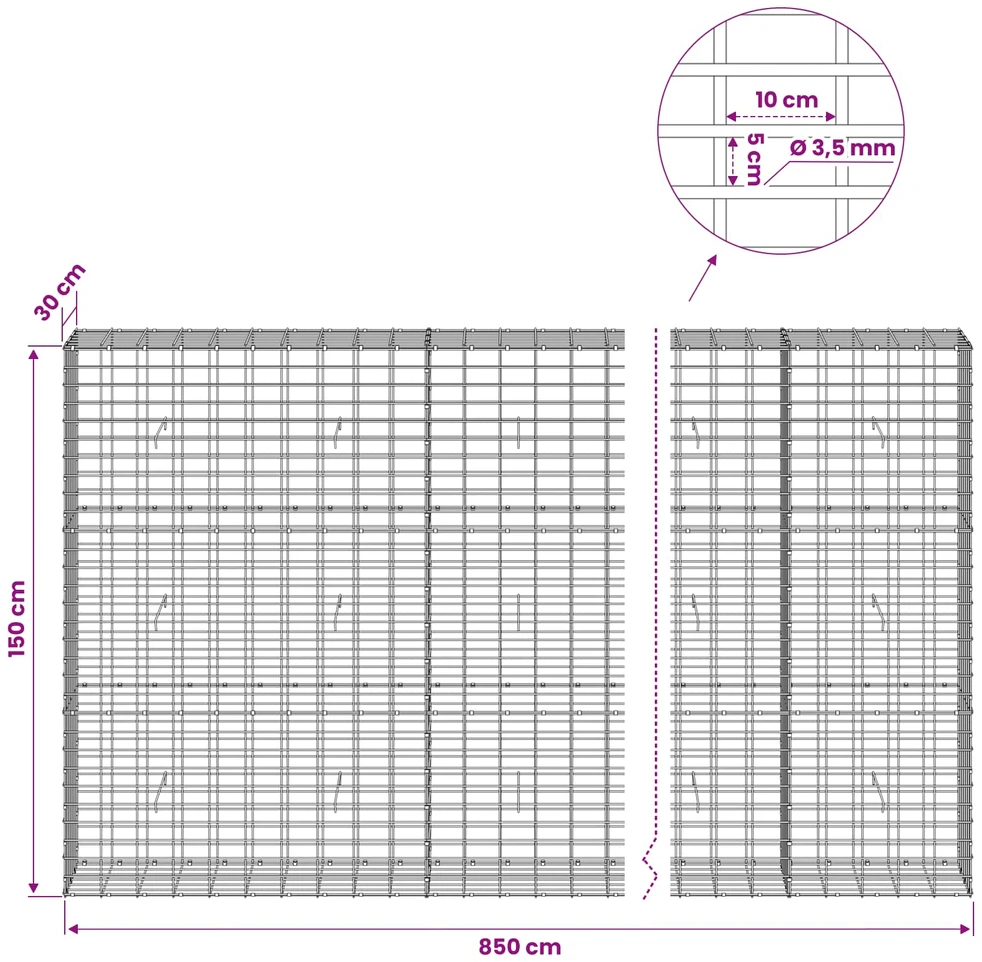 Gabionas su 3,5 mm viela ir 5x10 cm tinkleliu 850x30x150 cm