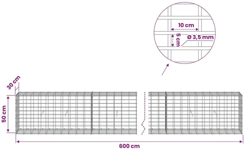 Gabionas su 3,5 mm viela ir 5x10 cm tinkleliu 600x30x50 cm
