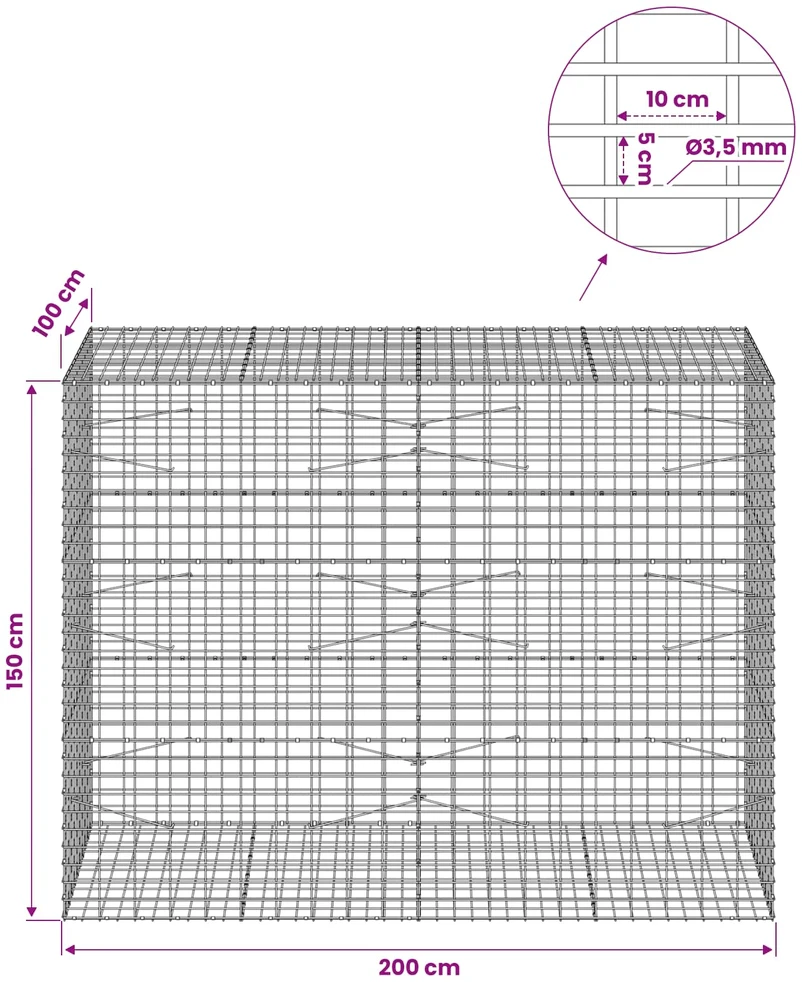 Gabionas su 3,5 mm viela ir 5x10 cm tinkleliu 200x100x150 cm
