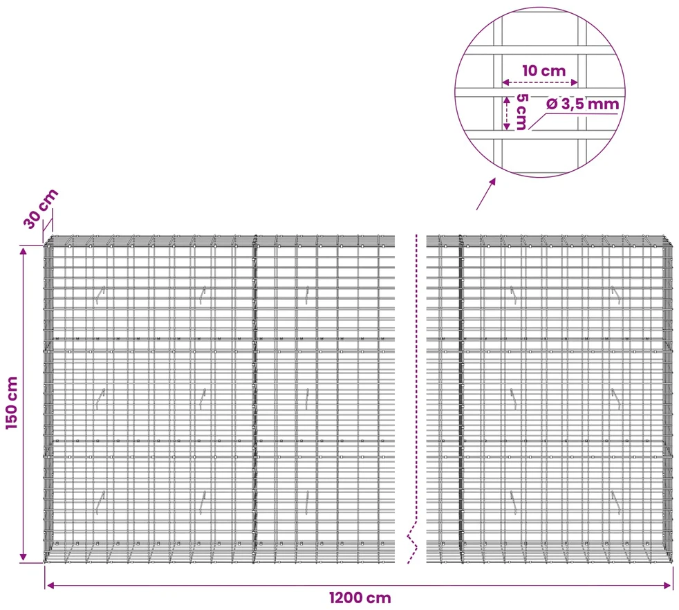 Gabionas su 3,5 mm viela ir 5x10 cm tinkleliu 1200x30x150 cm