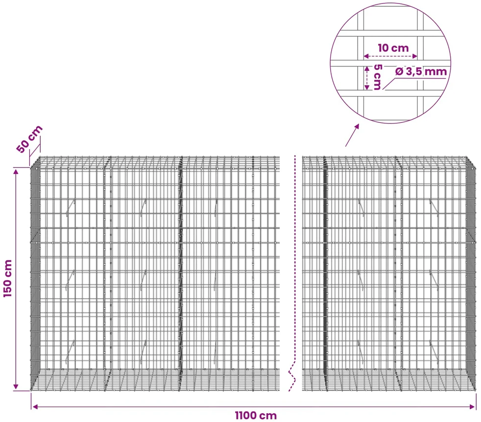 Gabionas su 3,5 mm viela ir 5x10 cm tinkleliu 1100x50x150 cm