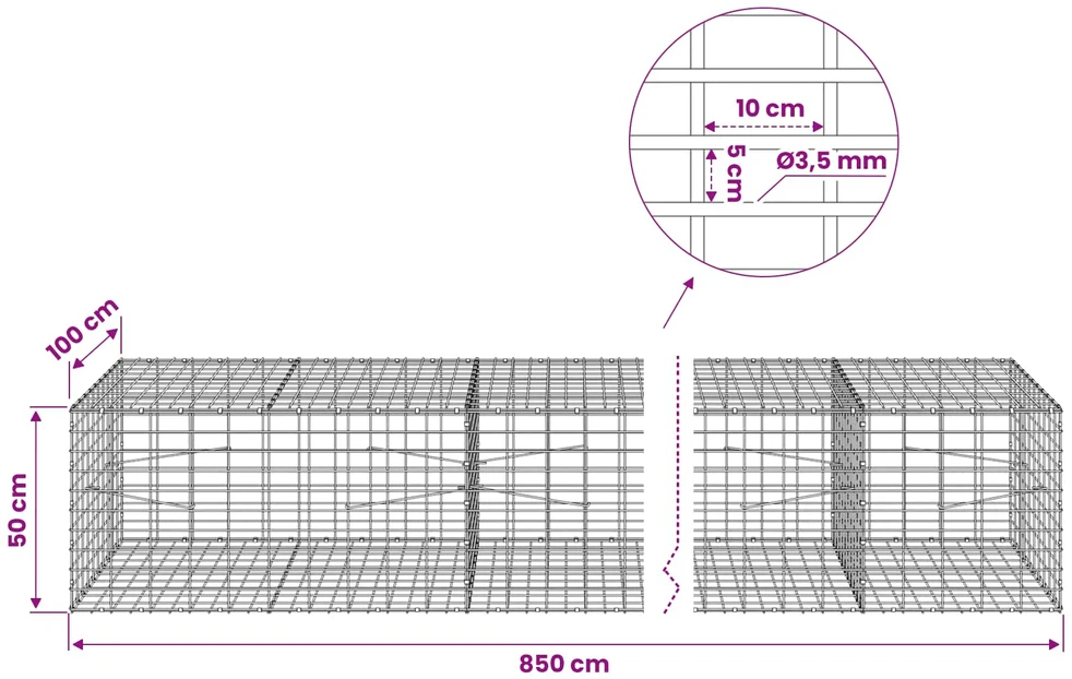 Gabionas su 3,5 mm viela ir 5x10 cm tinkleliu 850x100x50 cm