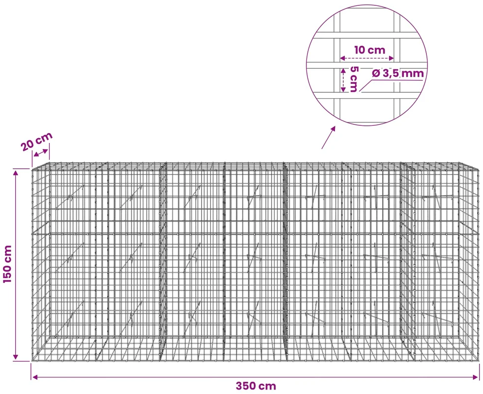 Gabionas su 3,5 mm viela ir 5x10 cm tinkleliu 350x20x150 cm
