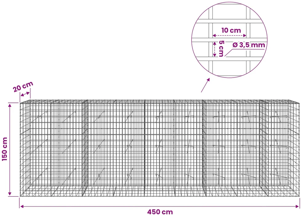 Gabionas su 3,5 mm viela ir 5x10 cm tinkleliu 450x20x150 cm