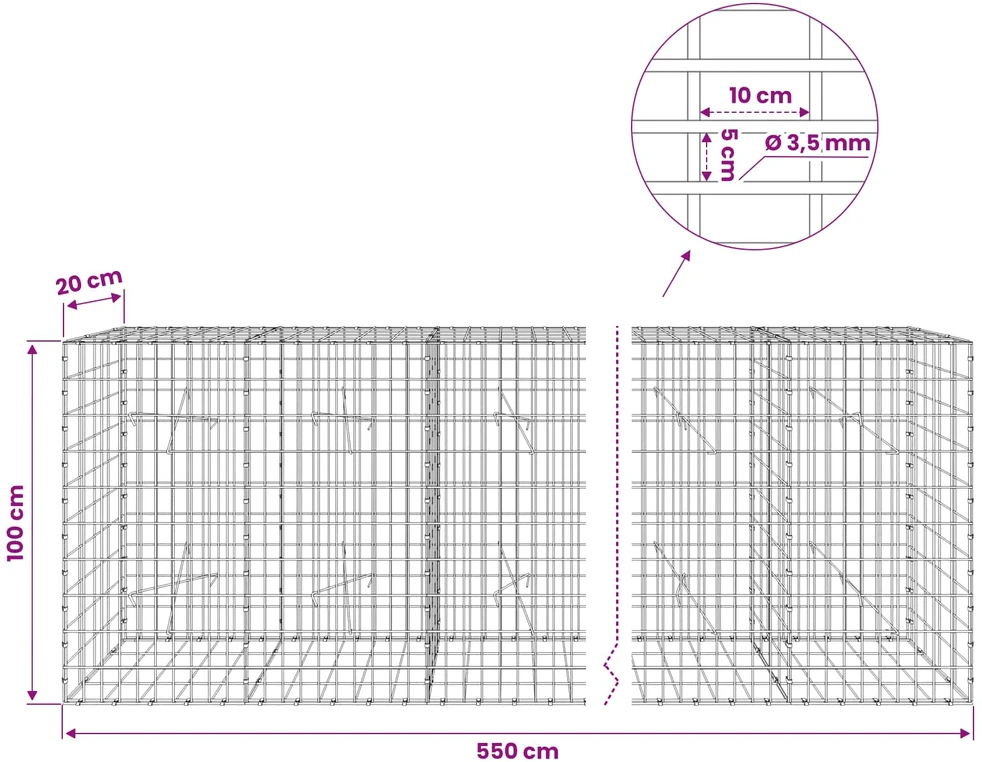 Gabionas su 3,5 mm viela ir 5x10 cm tinkleliu 550x20x100 cm