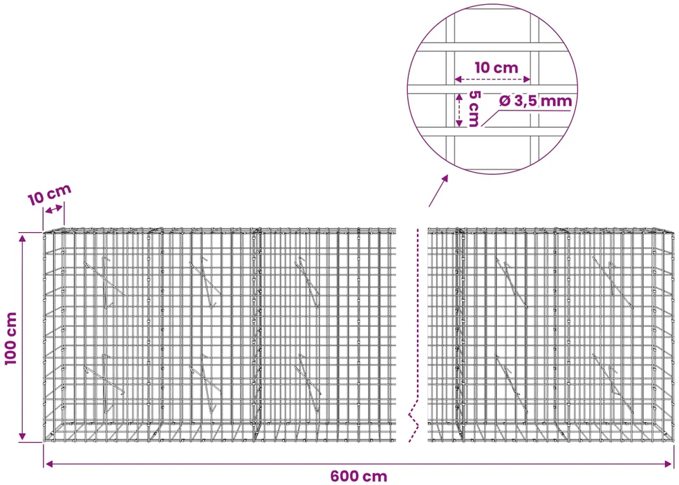 Gabionas su 3,5 mm viela ir 5x10 cm tinkleliu 600x10x100 cm