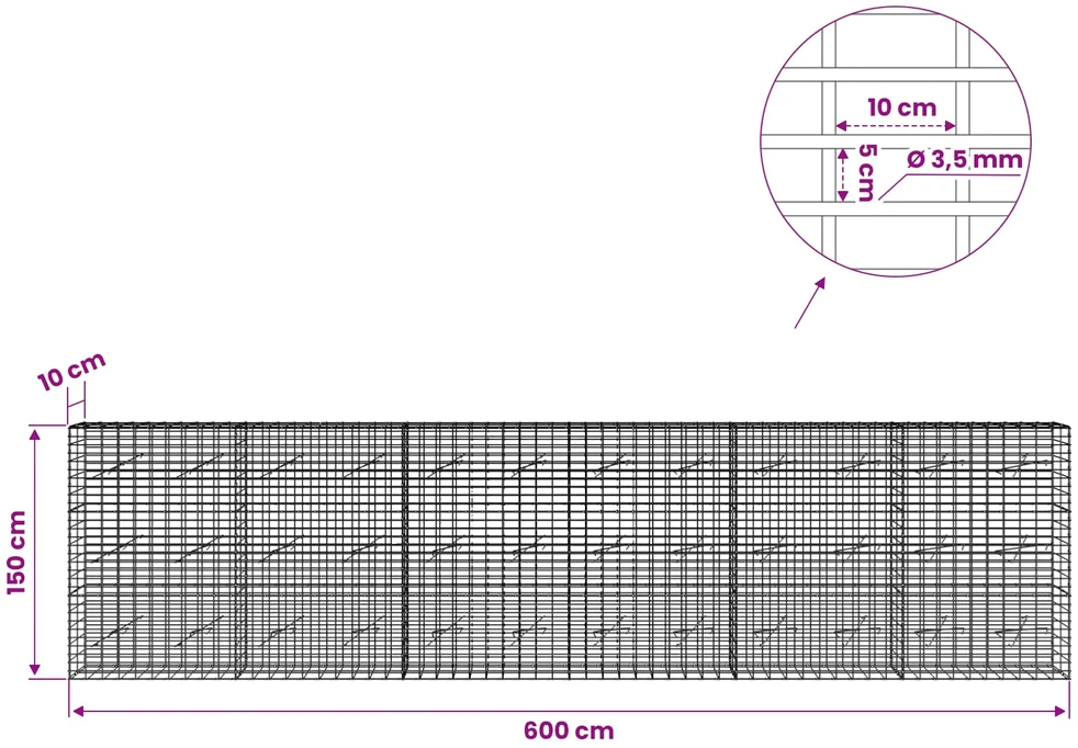 Gabionas su 3,5 mm viela ir 5x10 cm tinkleliu 600x10x150 cm