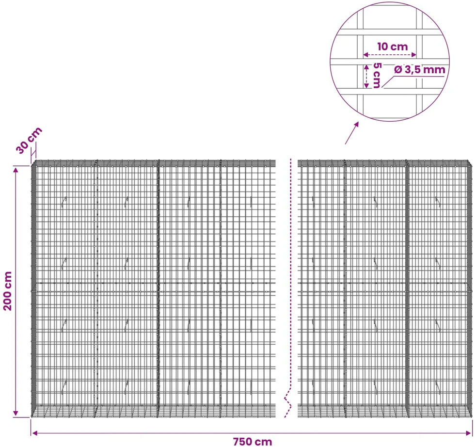 Gabionas su 3,5 mm viela ir 5x10 cm tinkleliu 750x30x200 cm