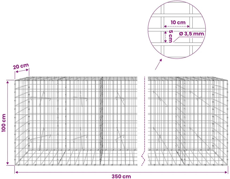 Gabionas su 3,5 mm viela ir 5x10 cm tinkleliu 350x20x100 cm