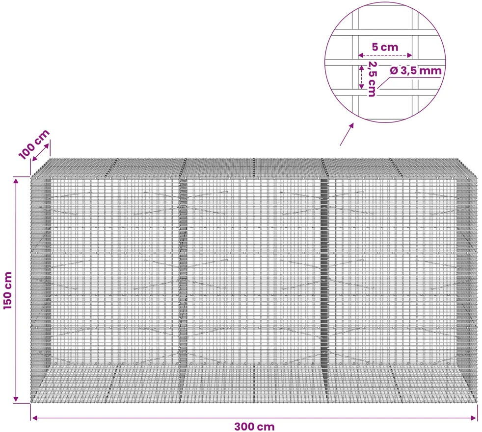 Gabionas su 3,5 mm viela ir 5x2,5 cm tinkleliu 300x100x150 cm