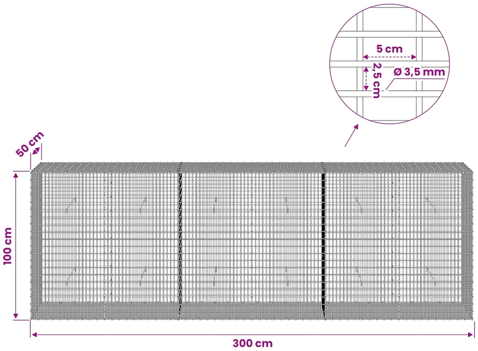 Gabionas su 3,5 mm viela ir 5x2,5 cm tinkleliu 300x50x100 cm