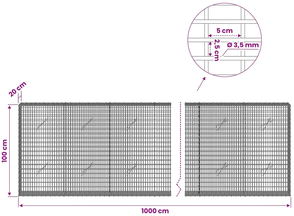 Gabionas su 3,5 mm viela ir 5x2,5 cm tinkleliu 1000x20x100 cm