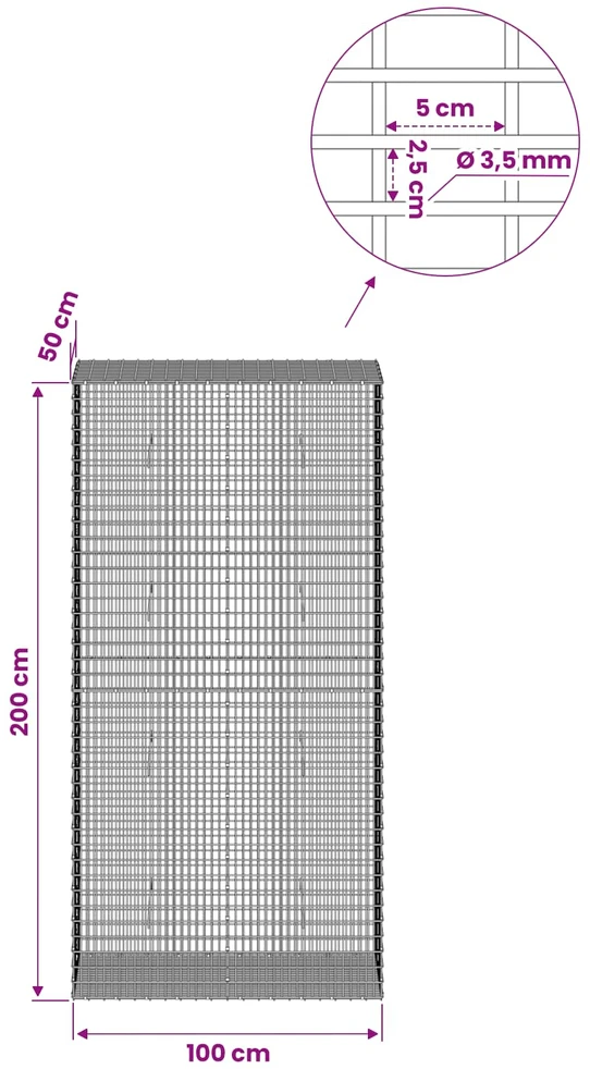 Gabionas su 3,5 mm viela ir 5x2,5 cm tinkleliu 100x50x200 cm