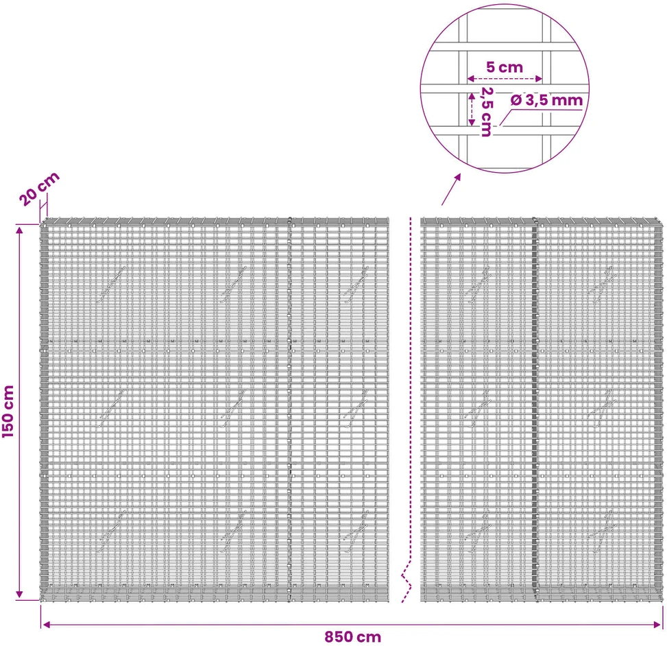 Gabionas su 3,5 mm viela ir 5x2,5 cm tinkleliu 850x20x150 cm