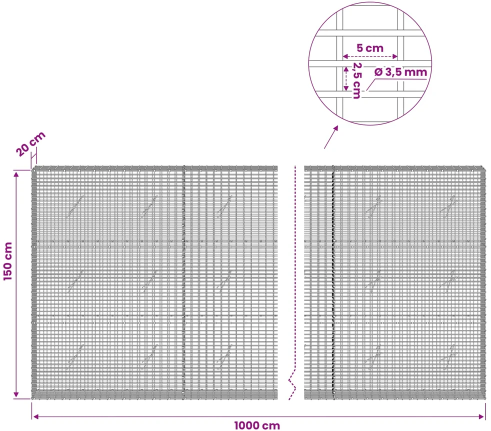 Gabionas su 3,5 mm viela ir 5x2,5 cm tinkleliu 1000x20x150 cm