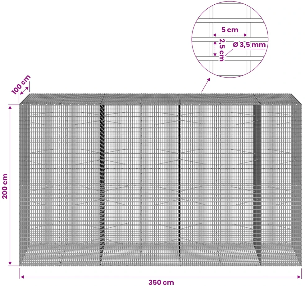 Gabionas su 3,5 mm viela ir 5x2,5 cm tinkleliu 350x100x200 cm