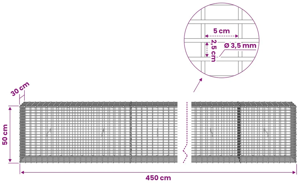 Gabionas su 3,5 mm viela ir 5x2,5 cm tinkleliu 450x30x50 cm