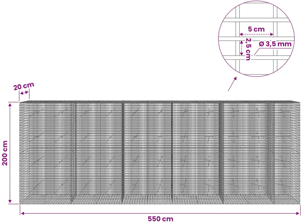 Gabionas su 3,5 mm viela ir 5x2,5 cm tinkleliu 550x20x200 cm