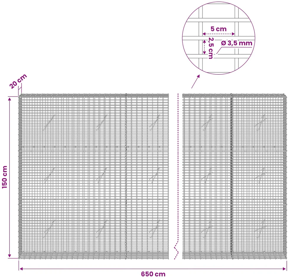 Gabionas su 3,5 mm viela ir 5x2,5 cm tinkleliu 650x20x150 cm