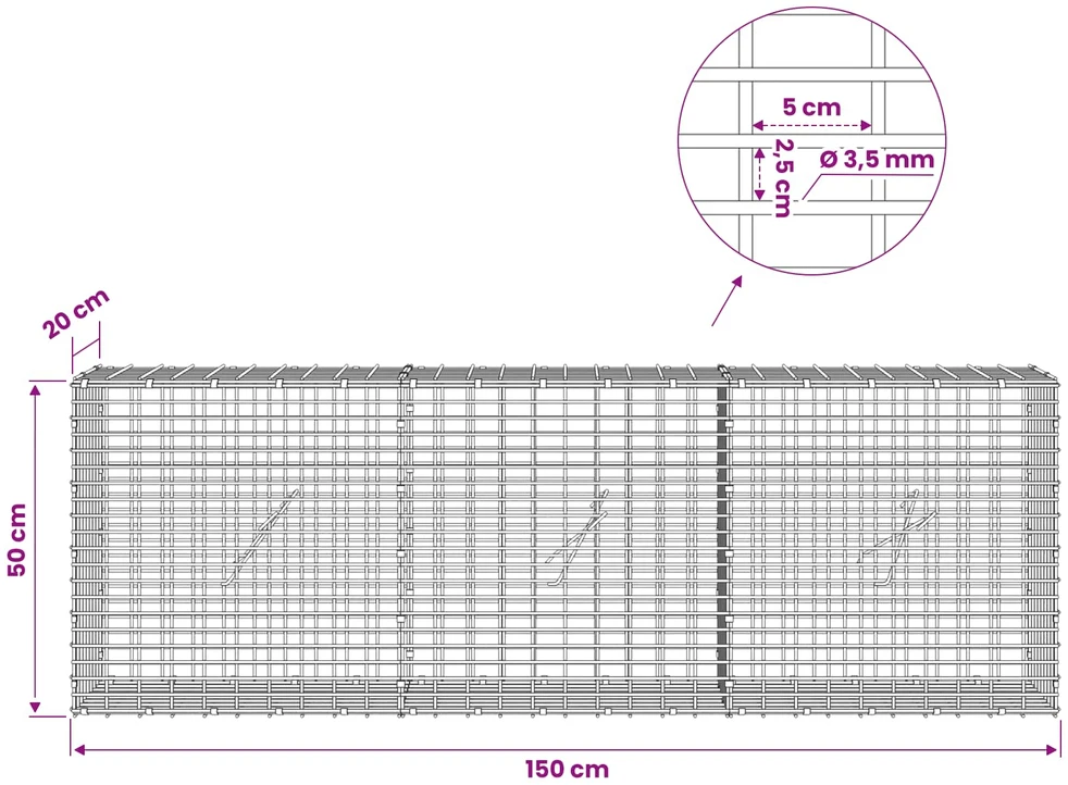 Gabionas su 3,5 mm viela ir 5x2,5 cm tinkleliu 150x20x50 cm