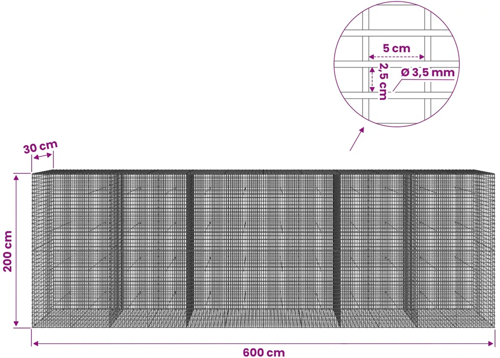Gabionas su 3,5 mm viela ir 5x2,5 cm tinkleliu 600x30x200 cm