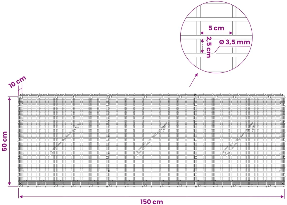 Gabionas su 3,5 mm viela ir 5x2,5 cm tinkleliu 150x10x50 cm