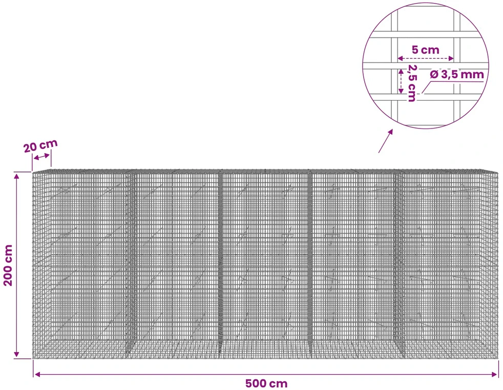 Gabionas su 3,5 mm viela ir 5x2,5 cm tinkleliu 500x20x200 cm