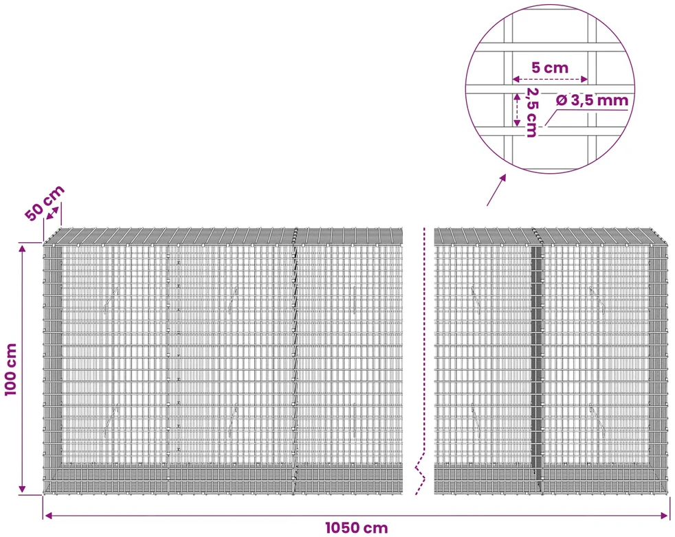 Gabionas su 3,5 mm viela ir 5x2,5 cm tinkleliu 1050x50x100 cm