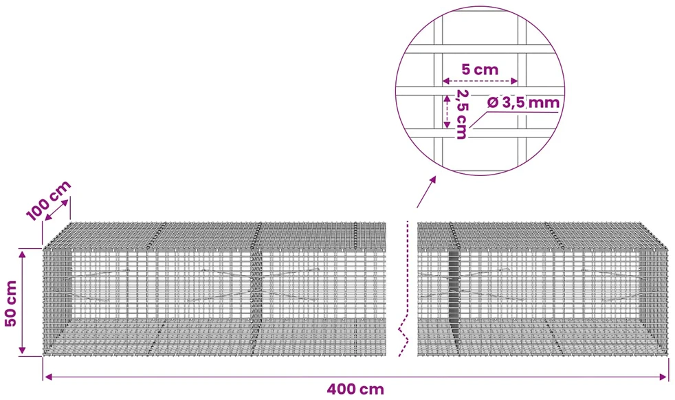 Gabionas su 3,5 mm viela ir 5x2,5 cm tinkleliu 400x100x50 cm
