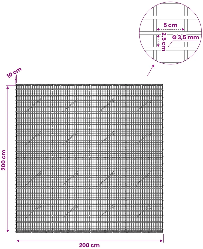 Gabionas su 3,5 mm viela ir 5x2,5 cm tinkleliu 200x10x200 cm