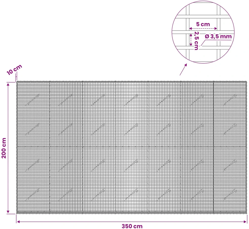 Gabionas su 3,5 mm viela ir 5x2,5 cm tinkleliu 350x10x200 cm