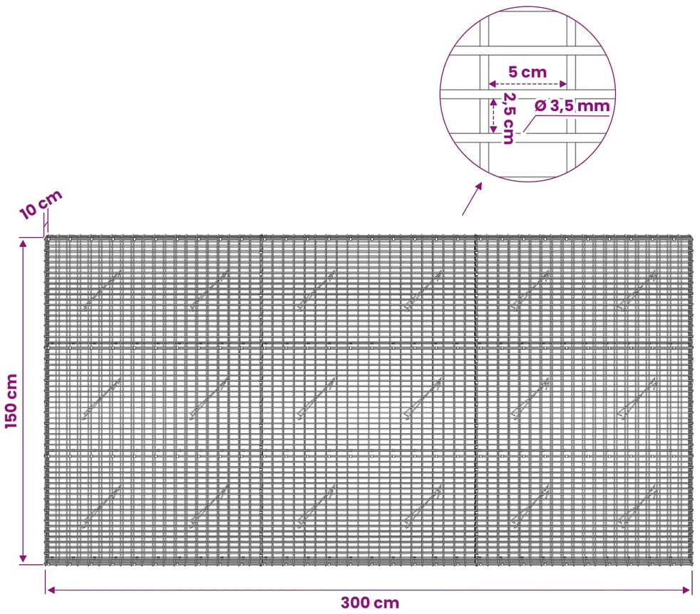 Gabionas su 3,5 mm viela ir 5x2,5 cm tinkleliu 300x10x150 cm