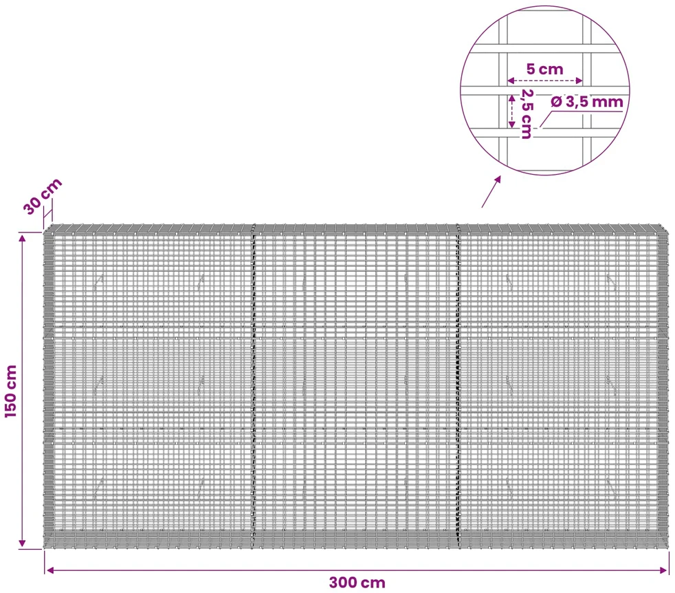 Gabionas su 3,5 mm viela ir 5x2,5 cm tinkleliu 300x30x150 cm