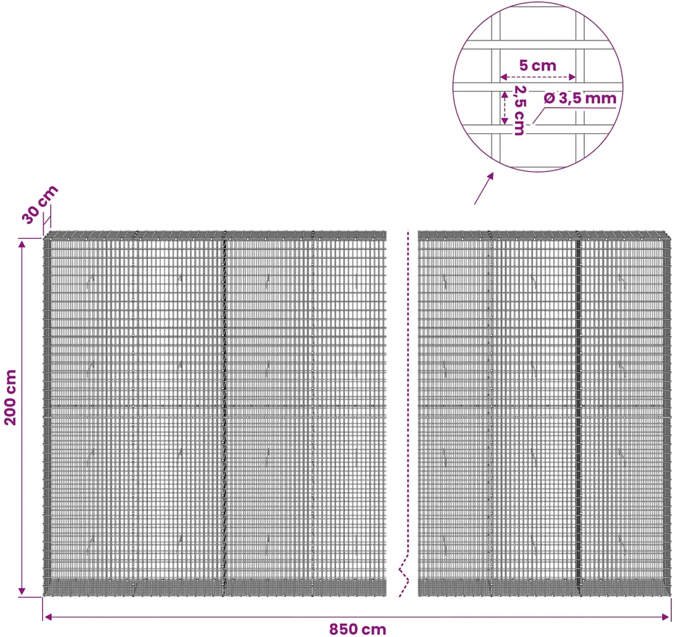 Gabionas su 3,5 mm viela ir 5x2,5 cm tinkleliu 850x30x200 cm