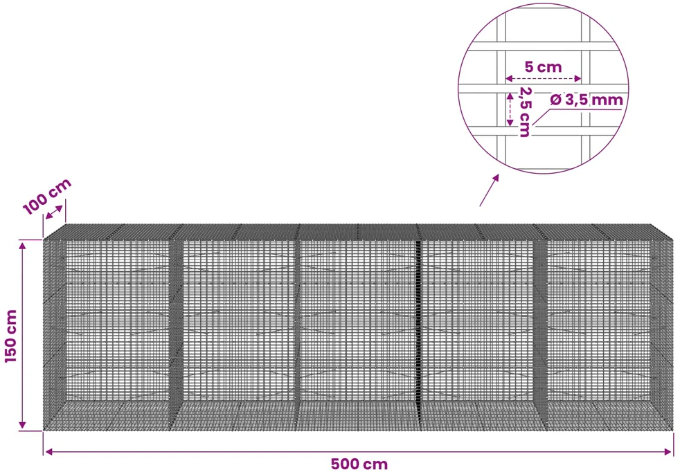 Gabionas su 3,5 mm viela ir 5x2,5 cm tinkleliu 500x100x150 cm