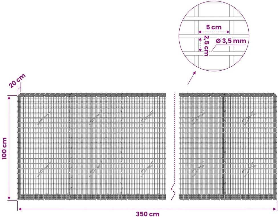 Gabionas su 3,5 mm viela ir 5x2,5 cm tinkleliu 350x20x100 cm