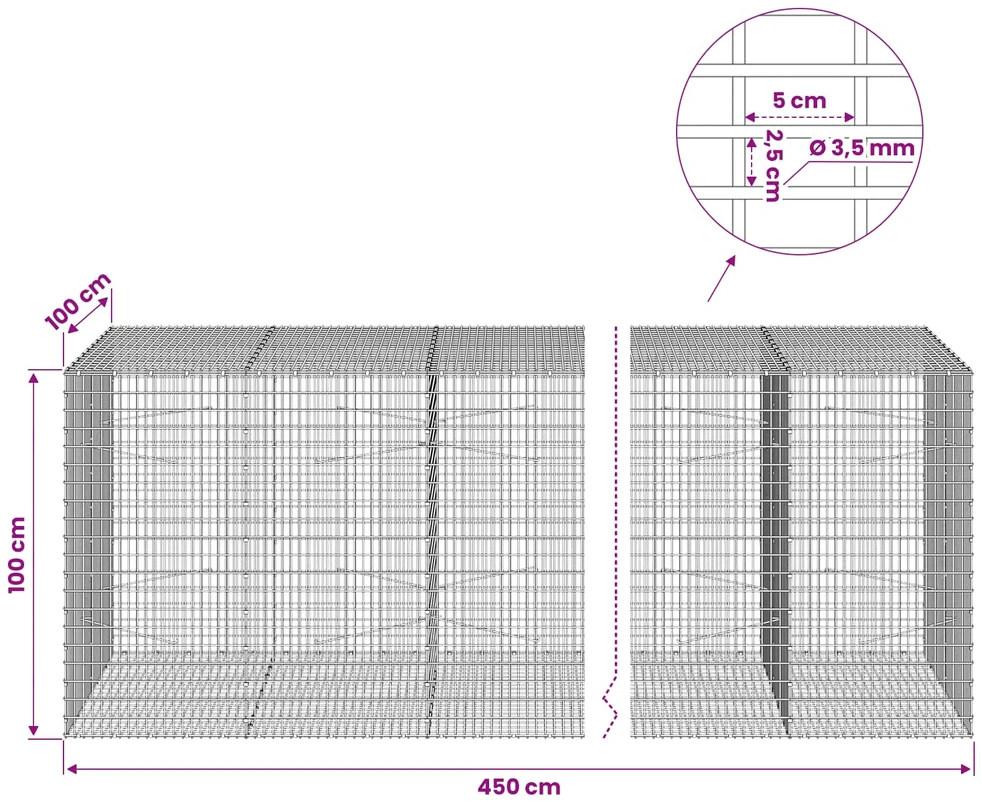 Gabionas su 3,5 mm viela ir 5x2,5 cm tinkleliu 450x100x100 cm