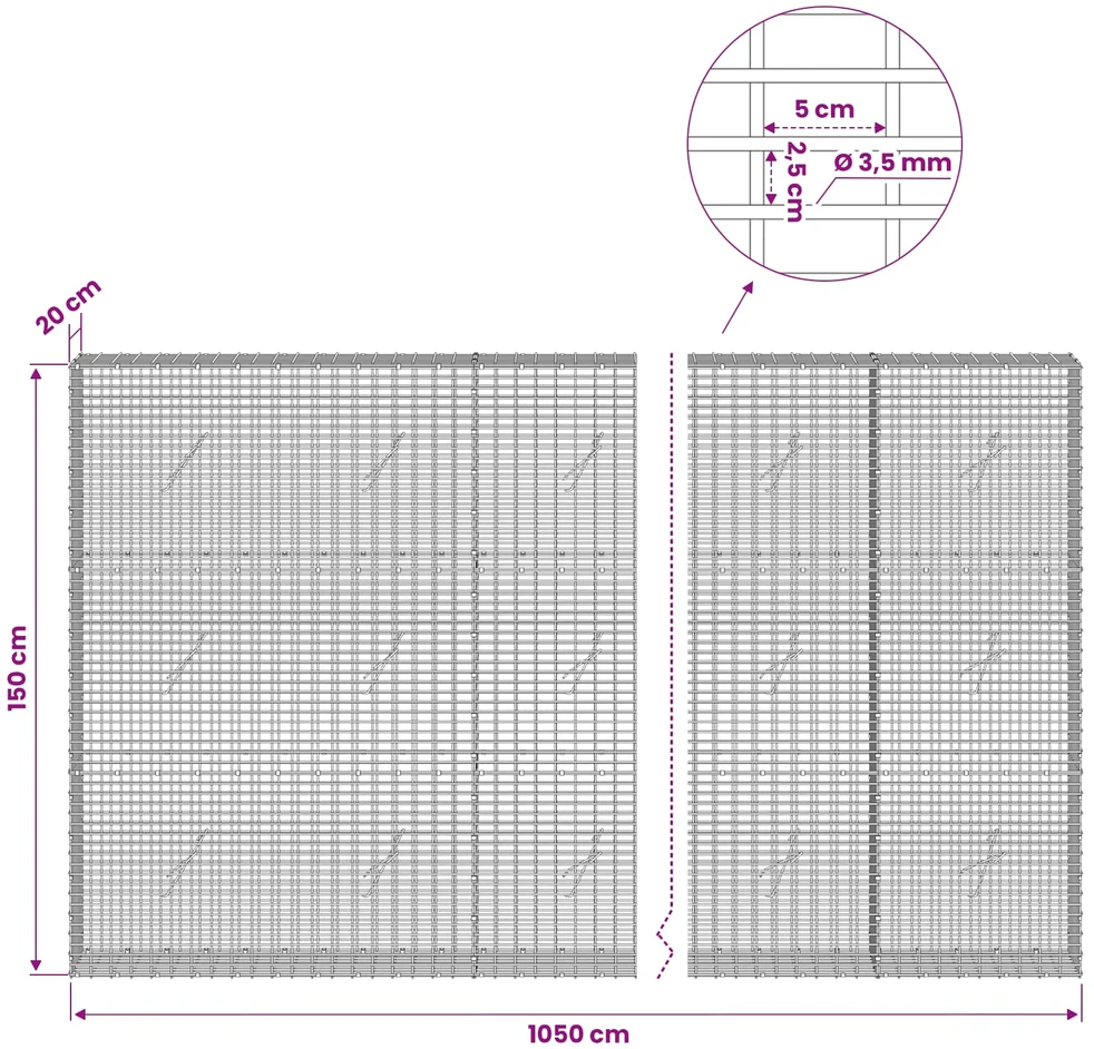 Gabionas su 3,5 mm viela ir 5x2,5 cm tinkleliu 1050x20x150 cm