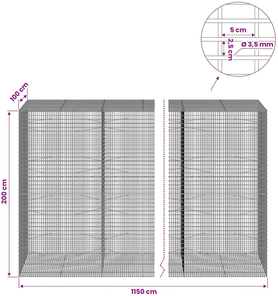 Gabionas su 3,5 mm viela ir 5x2,5 cm tinkleliu 1150x100x200 cm