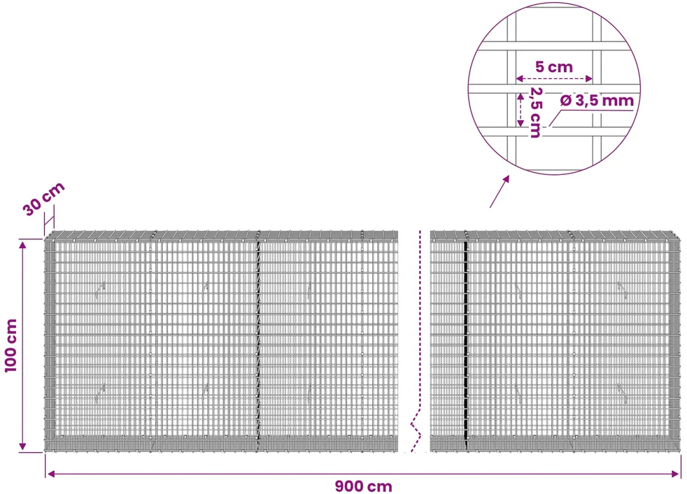 Gabionas su 3,5 mm viela ir 5x2,5 cm tinkleliu 900x30x100 cm