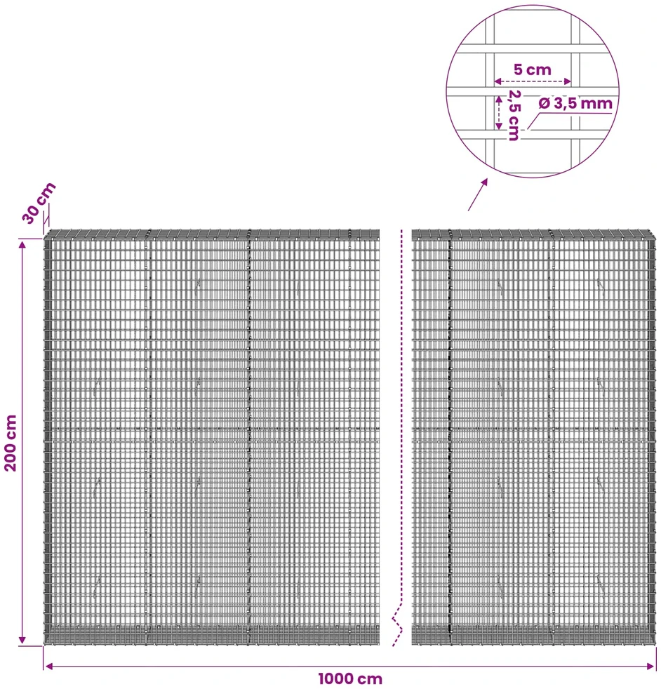 Gabionas su 3,5 mm viela ir 5x2,5 cm tinkleliu 1000x30x200 cm