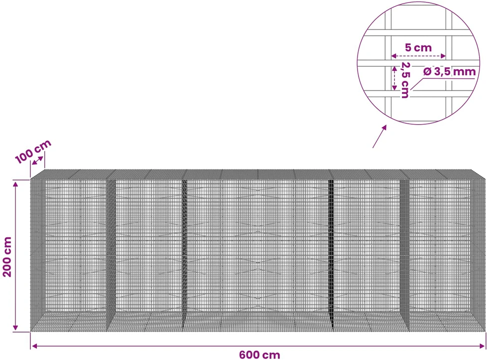 Gabionas su 3,5 mm viela ir 5x2,5 cm tinkleliu 600x100x200 cm