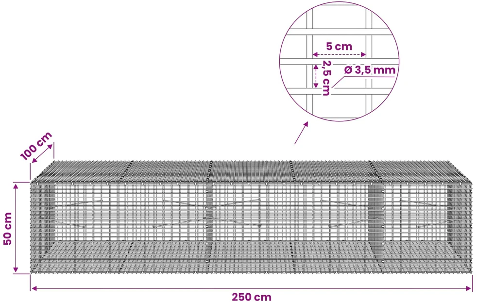 Gabionas su 3,5 mm viela ir 5x2,5 cm tinkleliu 250x100x50 cm