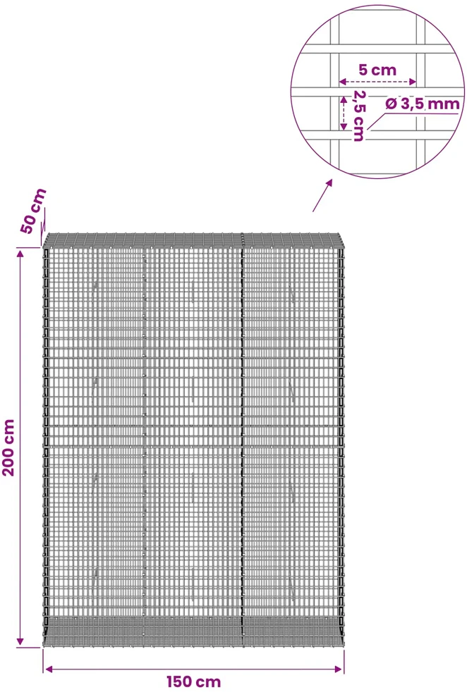 Gabionas su 3,5 mm viela ir 5x2,5 cm tinkleliu 150x50x200 cm