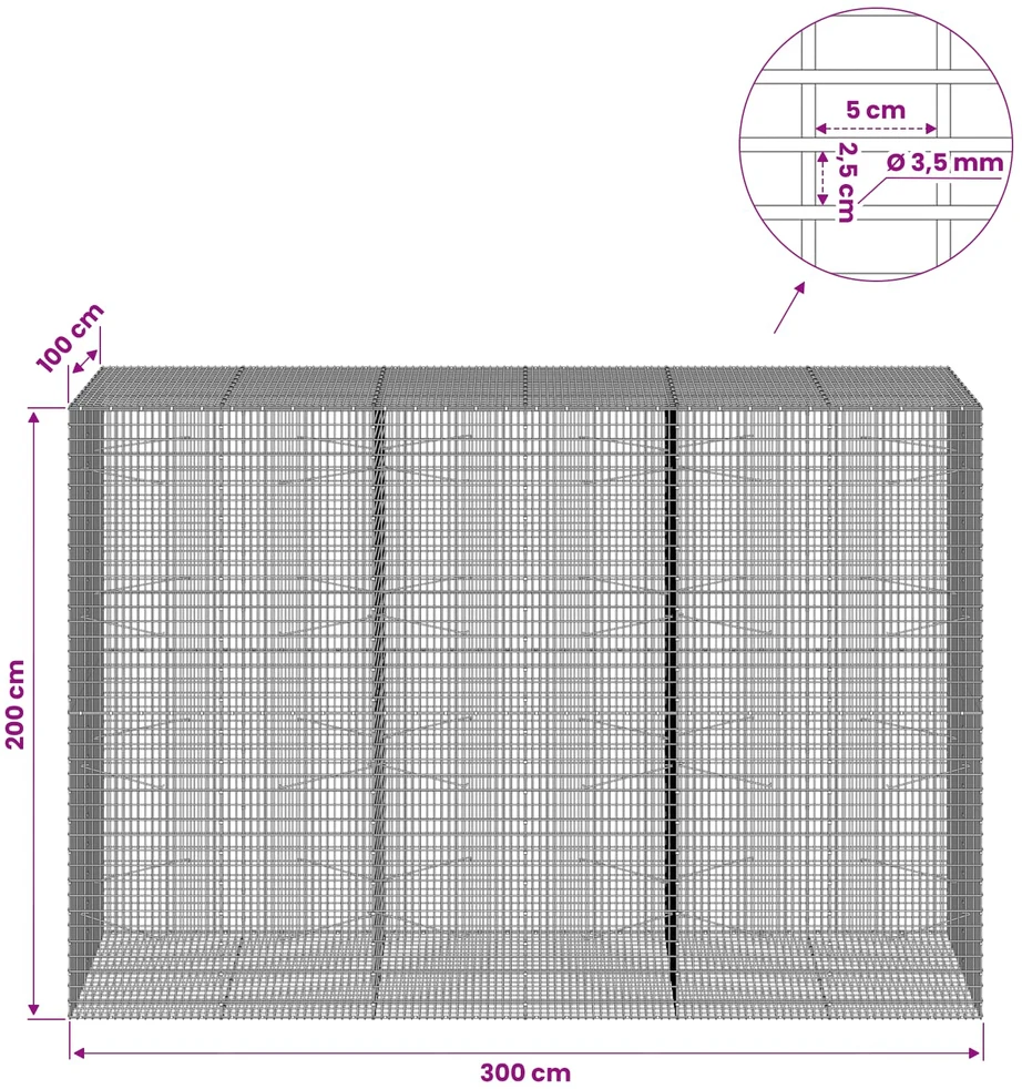 Gabionas su 3,5 mm viela ir 5x2,5 cm tinkleliu 300x100x200 cm