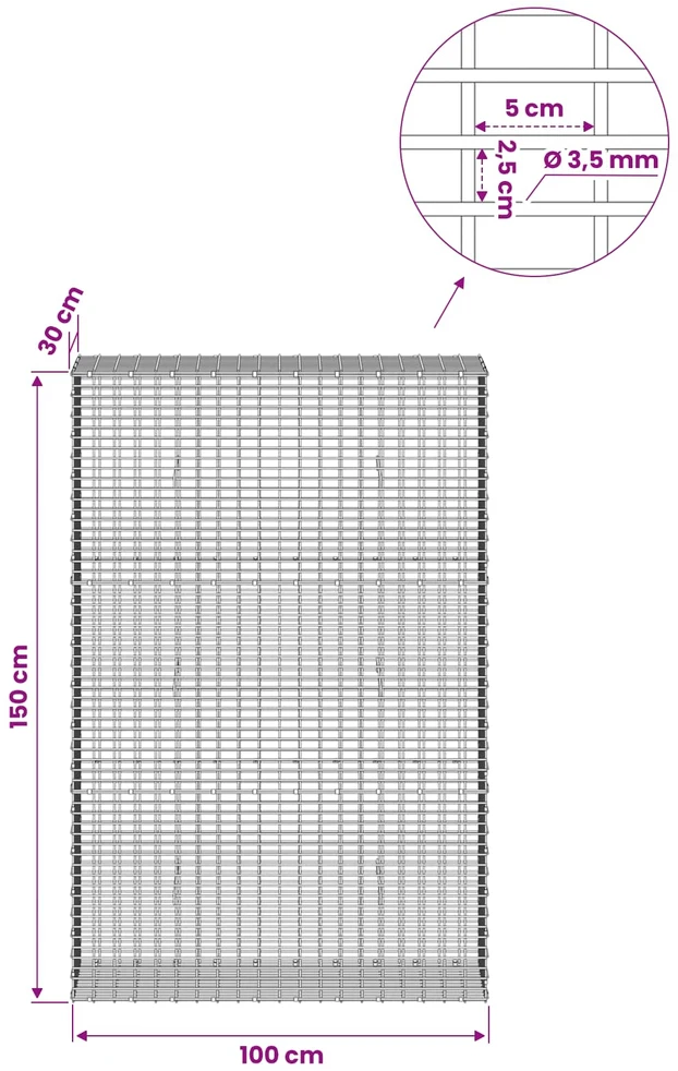 Gabionas su 3,5 mm viela ir 5x2,5 cm tinkleliu 100x30x150 cm