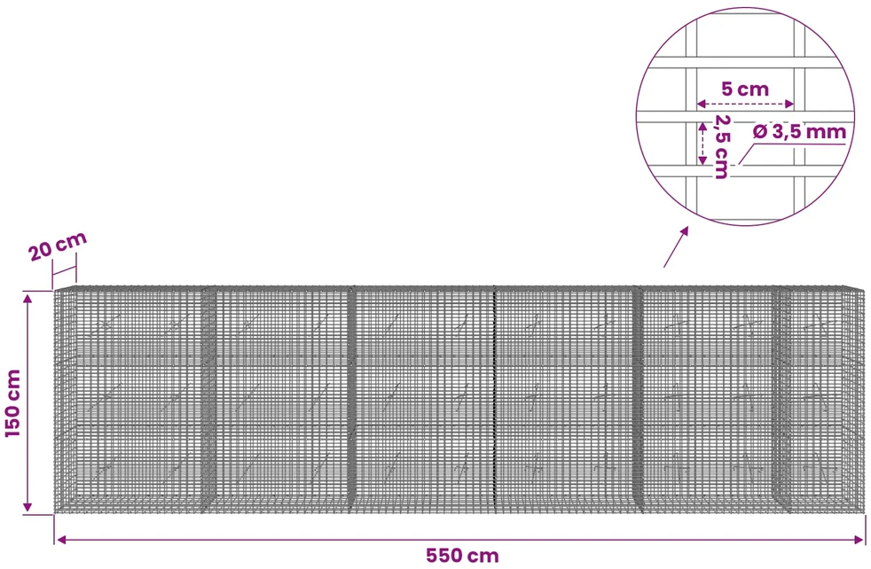 Gabionas su 3,5 mm viela ir 5x2,5 cm tinkleliu 550x20x150 cm