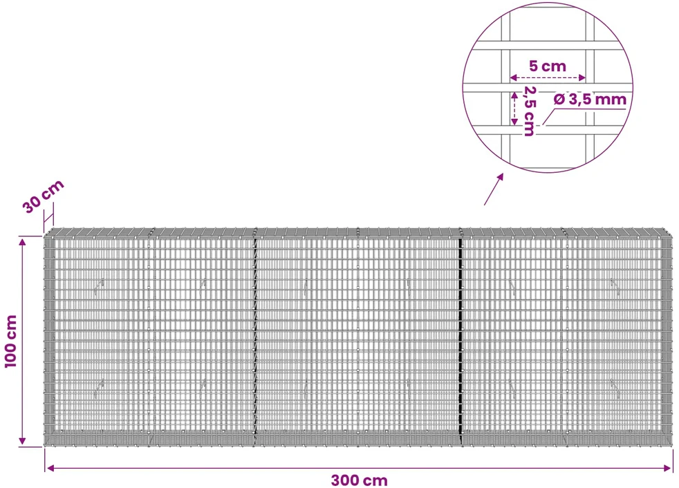 Gabionas su 3,5 mm viela ir 5x2,5 cm tinkleliu 300x30x100 cm