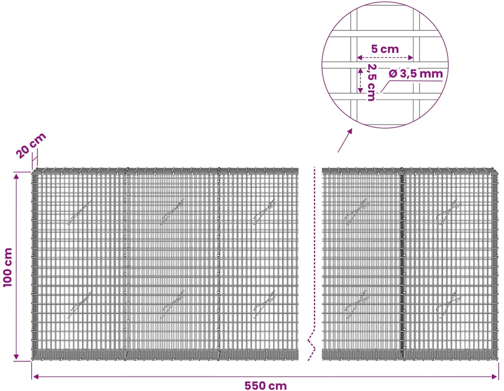 Gabionas su 3,5 mm viela ir 5x2,5 cm tinkleliu 550x20x100 cm