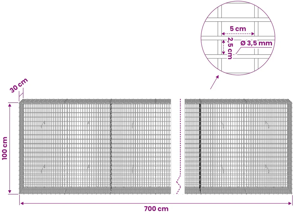 Gabionas su 3,5 mm viela ir 5x2,5 cm tinkleliu 700x30x100 cm